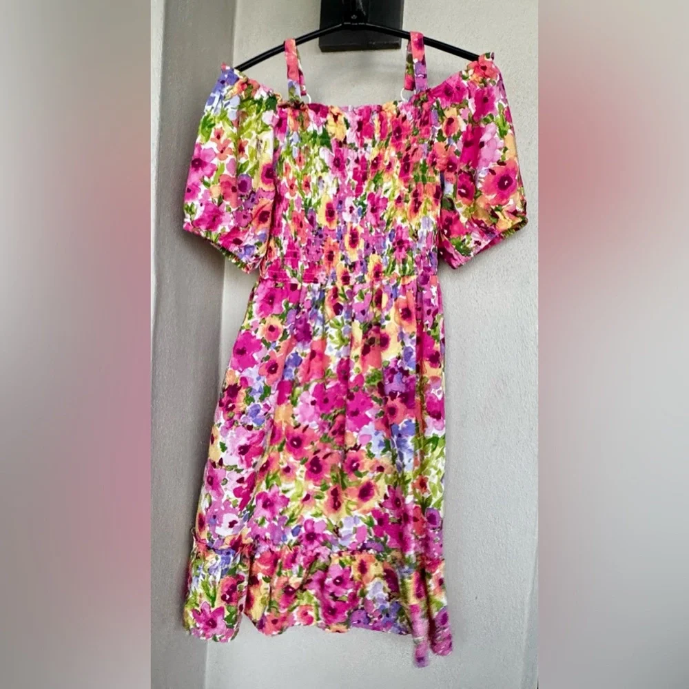 The Childrens Place Off Shoulder Short Sleeve Dress Pink & Yellow Floral 10/12 - Picture 3 of 16